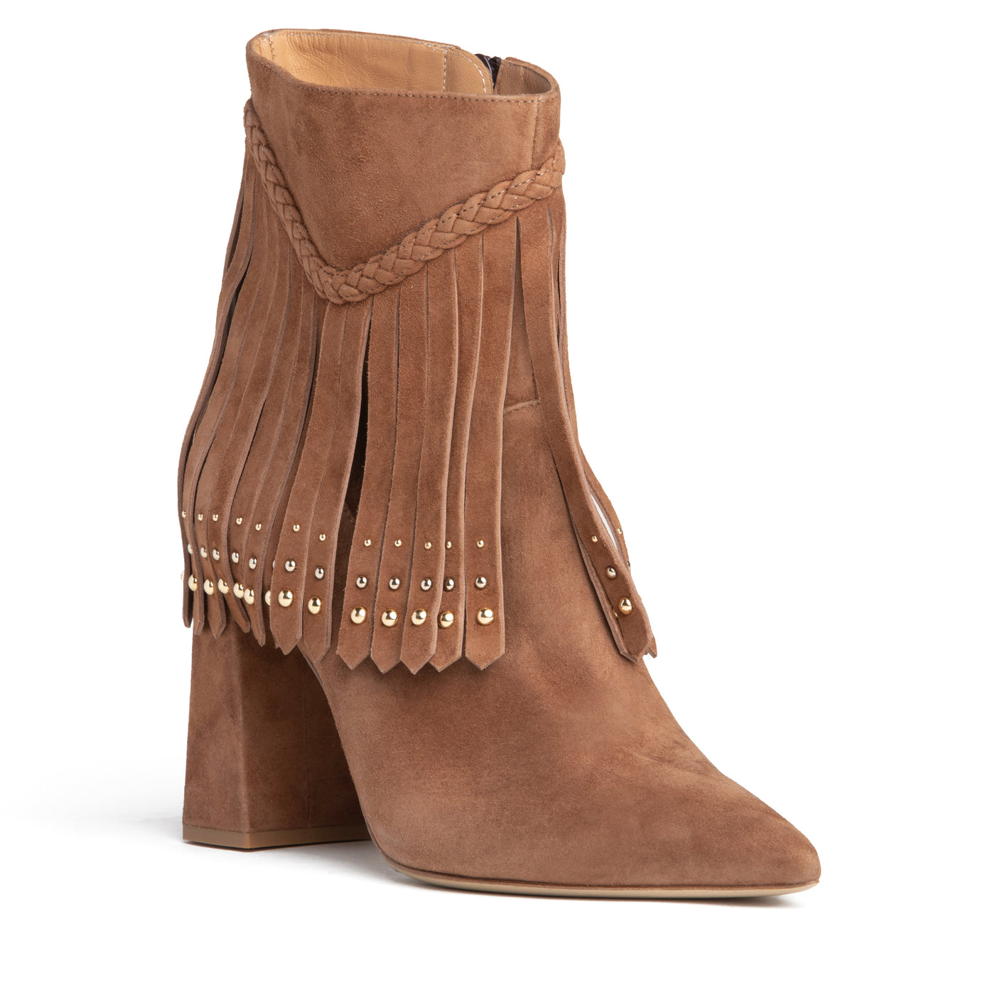 Women Cognac Brown Suede Fringe Zipper Ankle Bootie