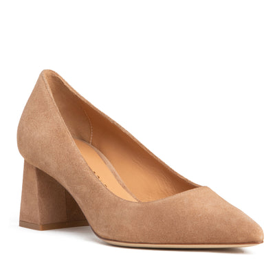 Women Low Block Heel Pump - Brown Suede