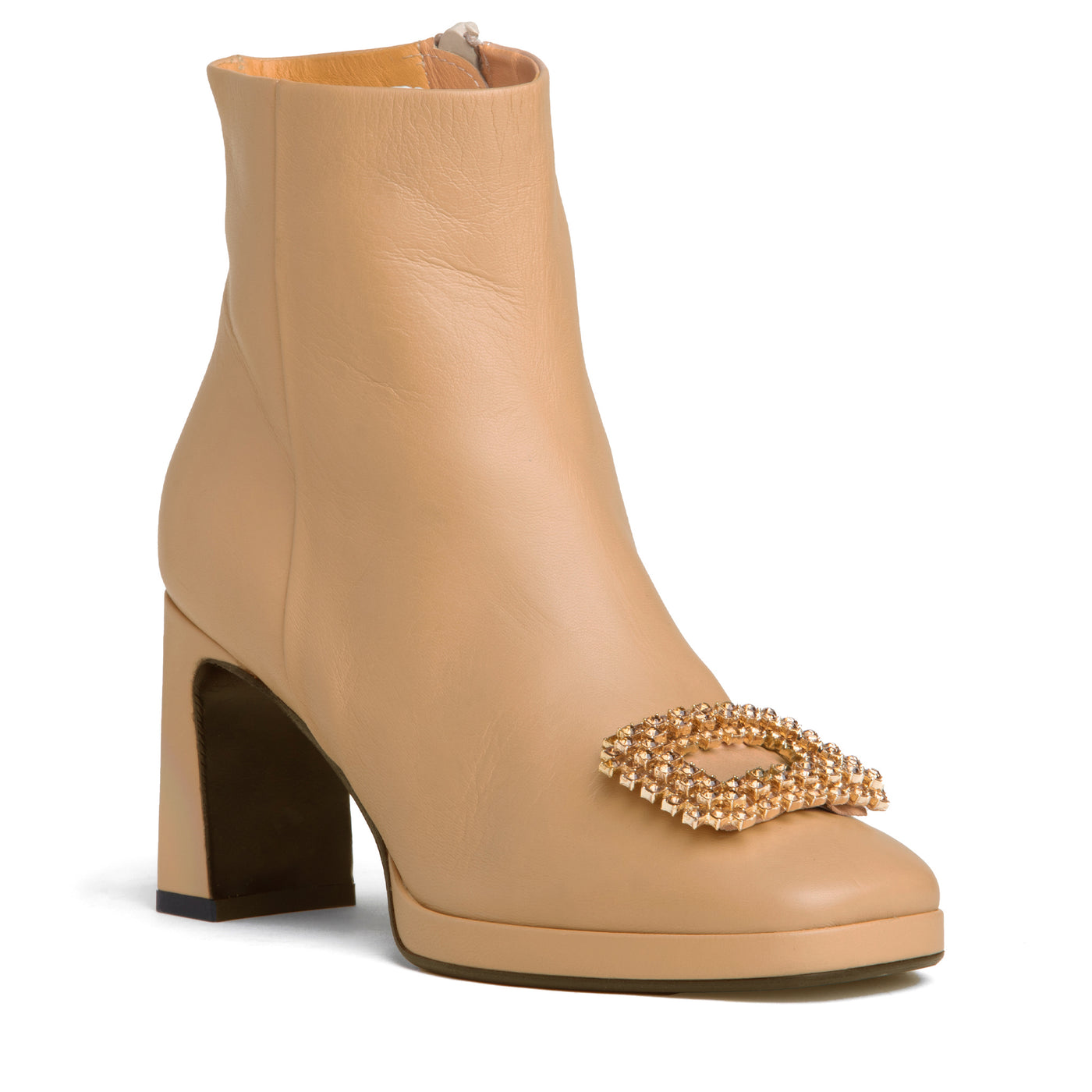 Women Comfortable Brown Ankle Bootie - Beige Leather With Rhinestones
