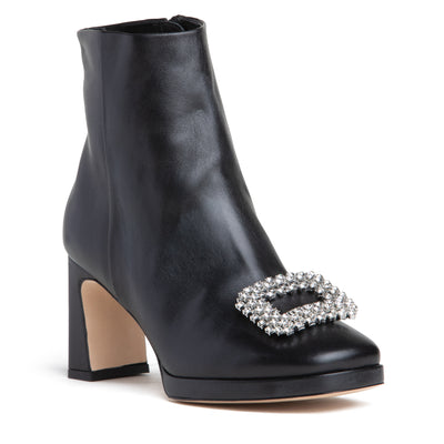 Women Black Platform Ankle Bootie  -  Leather With Rhinestones and Zipper
