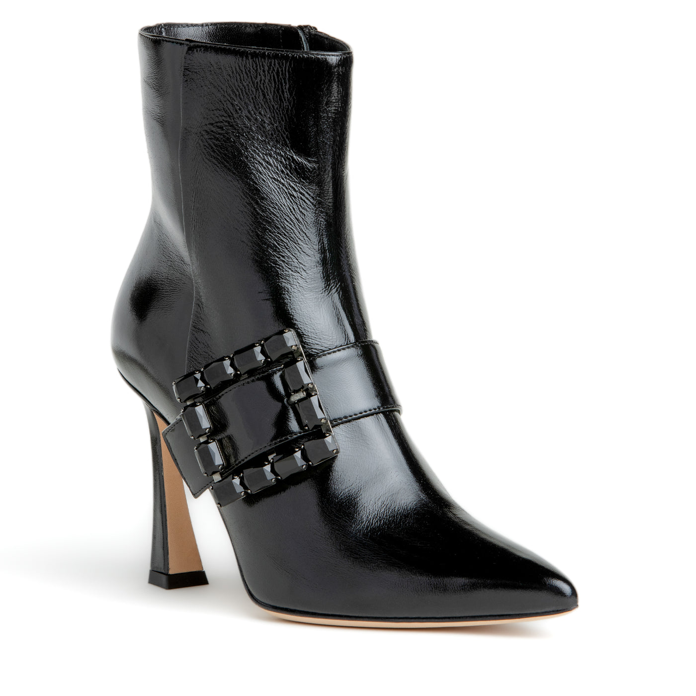 Women Ankle Black Patent Bootie  - Leather