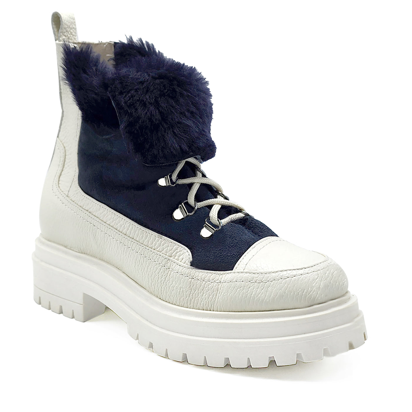 Womens Warm Ankle Bootie - Navy and White Leather