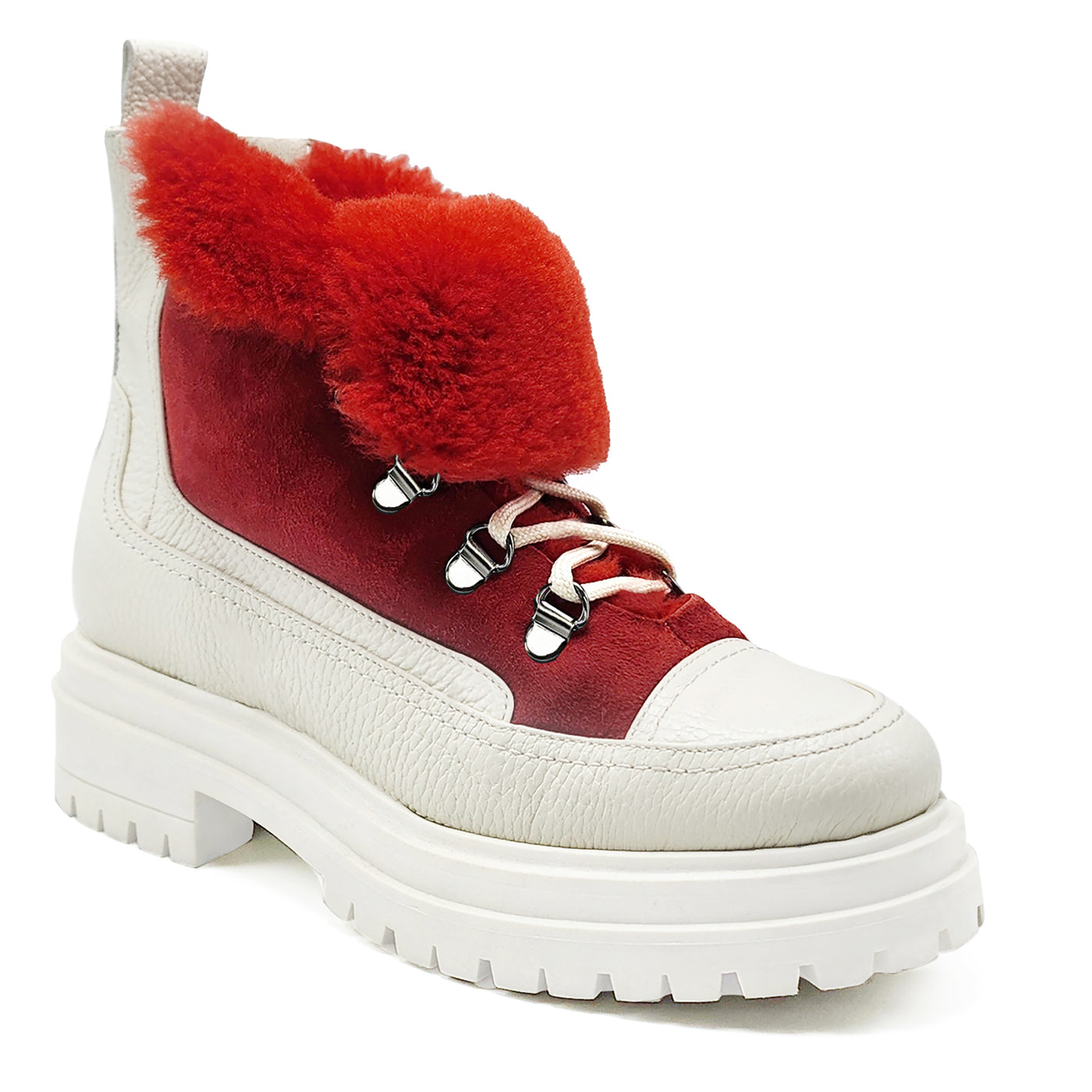 Women's Comfortable Red White Leather Winter Ankle Bootie With Shoelaces