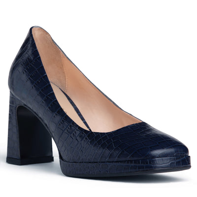 Women Block Heel Pump - Navy Croc Leather