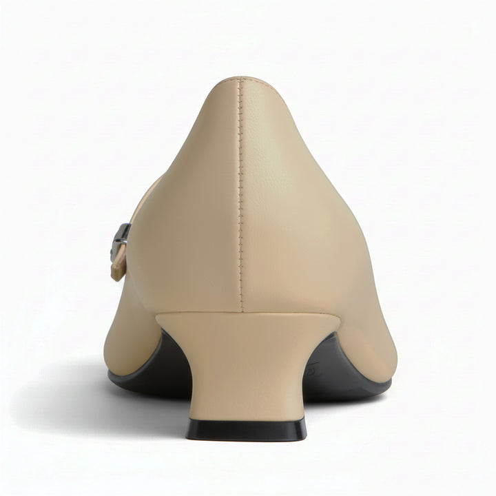 Elsie Women’s Beige Leather Micro Heel Pump Rhinestone Buckle