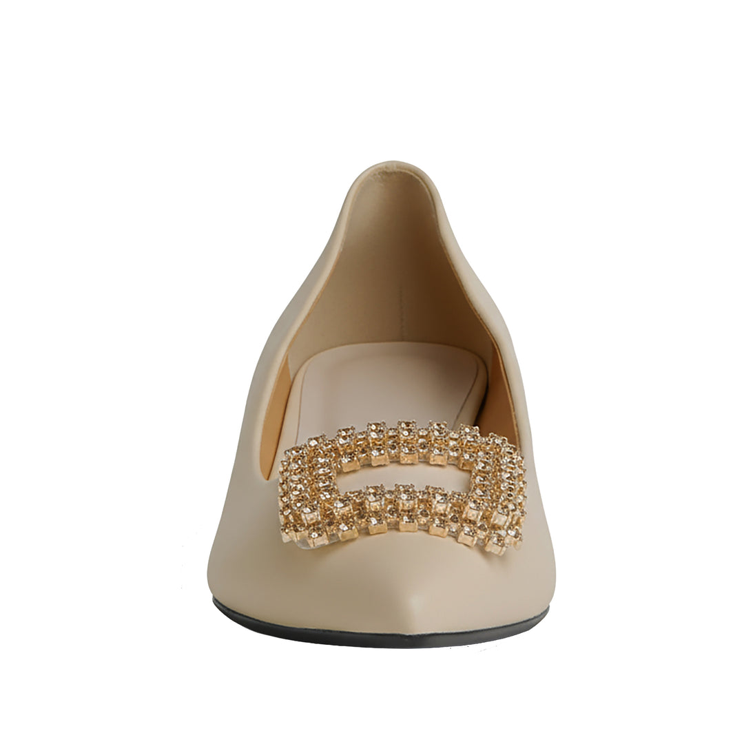 Elsie Womens Beige Leather Micro Heel Pump Rhinestone Buckle Elsie Womens Beige Leather Micro Heel Pump Rhinestone Buckle