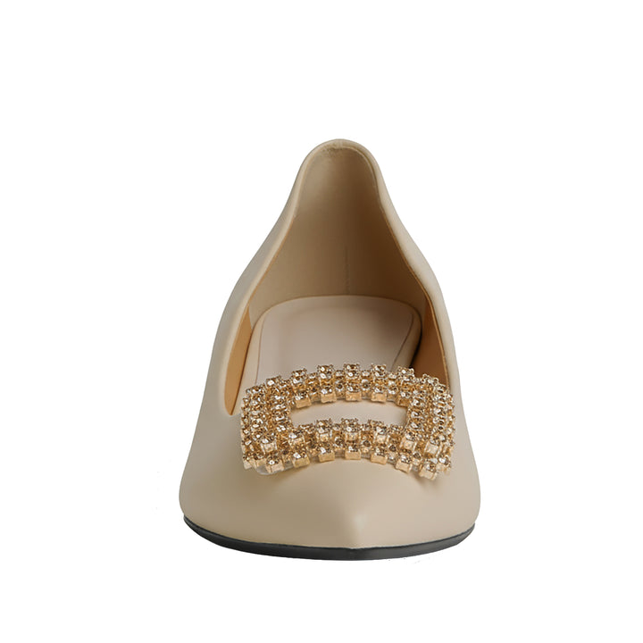 Elsie Women’s Beige Leather Micro Heel Pump Rhinestone Buckle