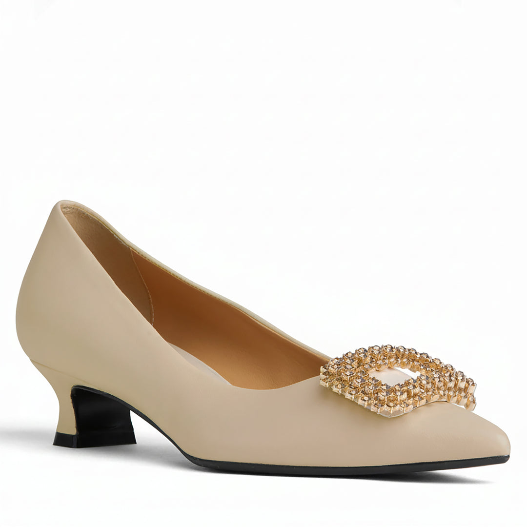 Elsie Women’s Beige Leather Micro Heel Pump Rhinestone Buckle