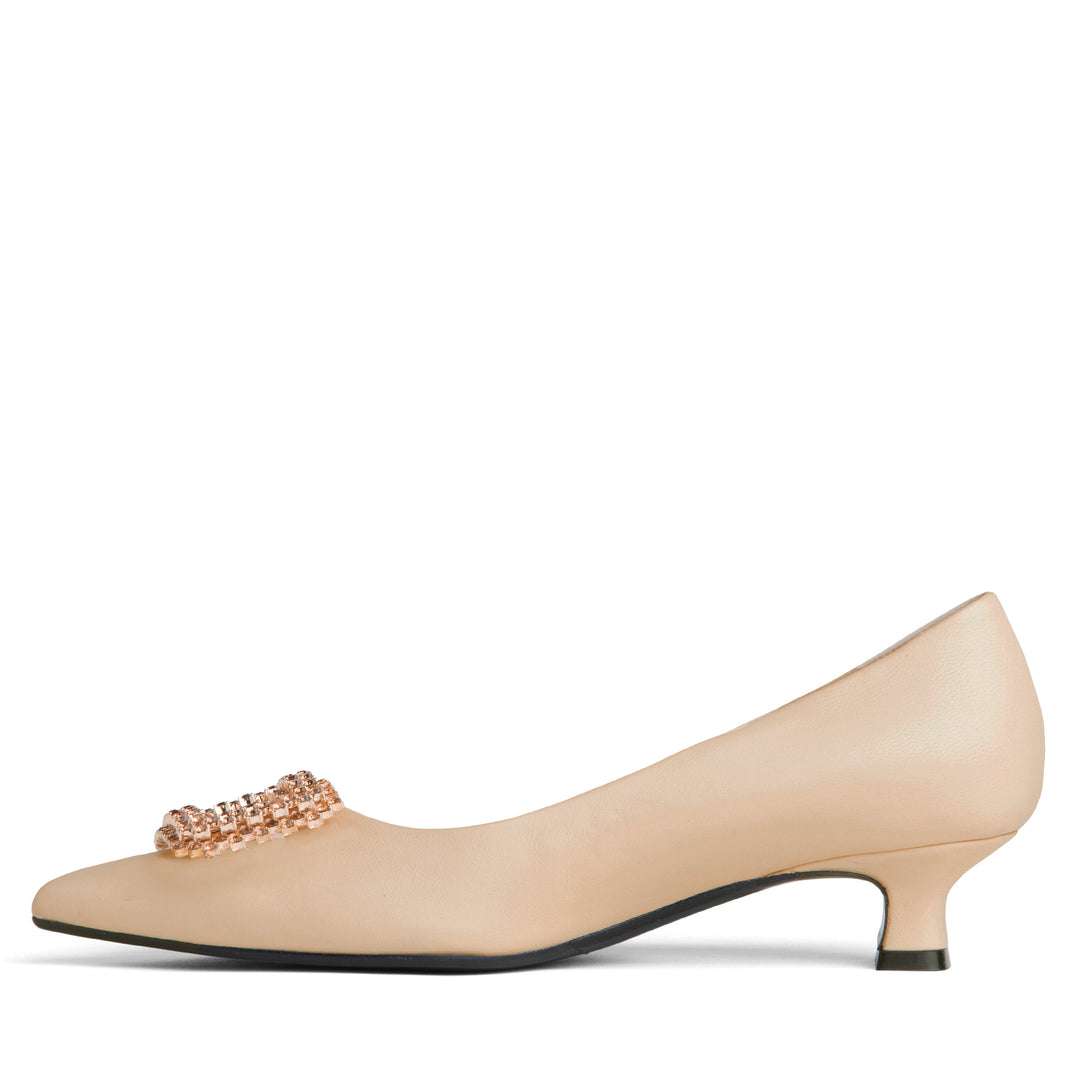 Elsie Womens Beige Leather Micro Heel Pump Rhinestone Buckle