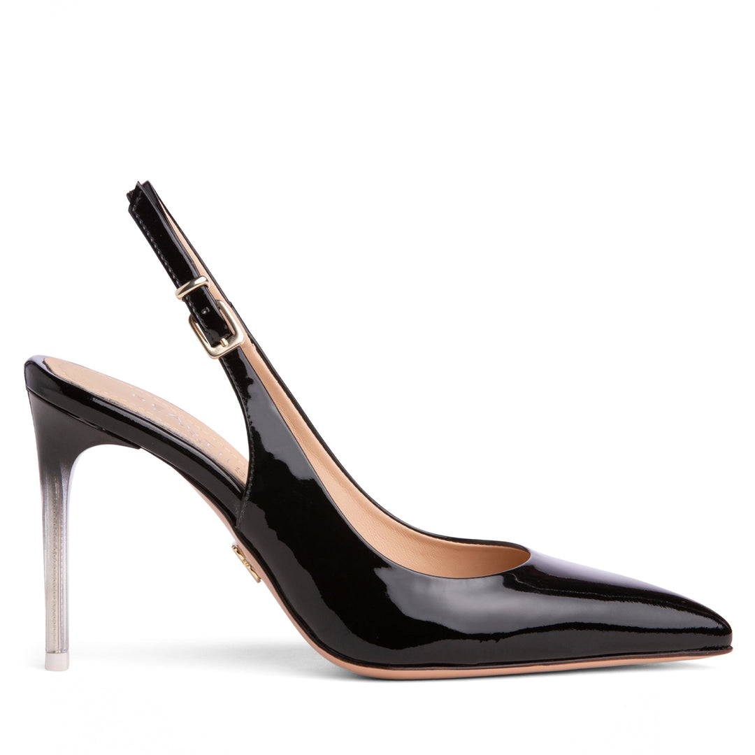 Comfortable Beige Patent Leather High HeeL Slingback Pump Black Leather / 6