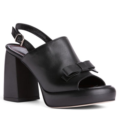 Comfortable Block Heel Platform Sandal - Black Leather.